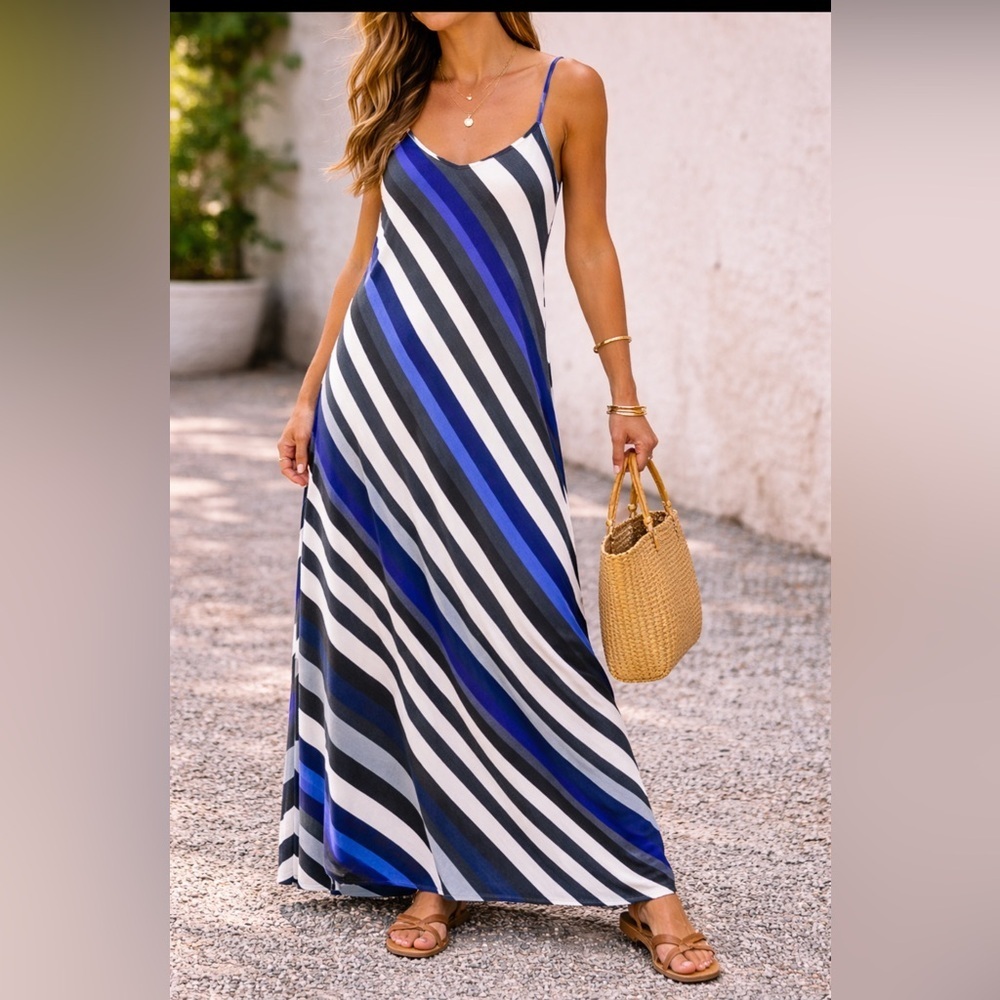 Mossimo Striped Maxi Dress Blue White Diagonal Stripe Slip Dress Size Large - Picture 1 of 5